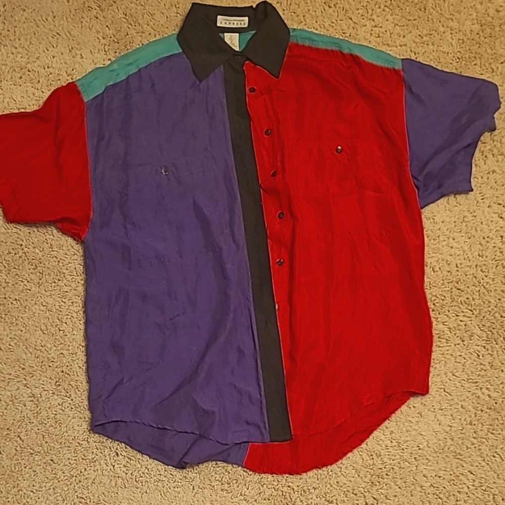 True Vintage 100% Silk Colorful Button Down